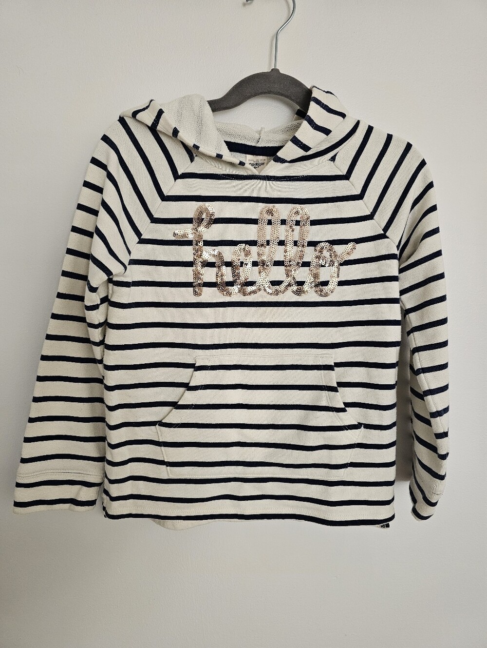 🧸2/20$ OshKosh B'gosh Navy White Striped Hoodie Sweater Sequins Size 7 Girl